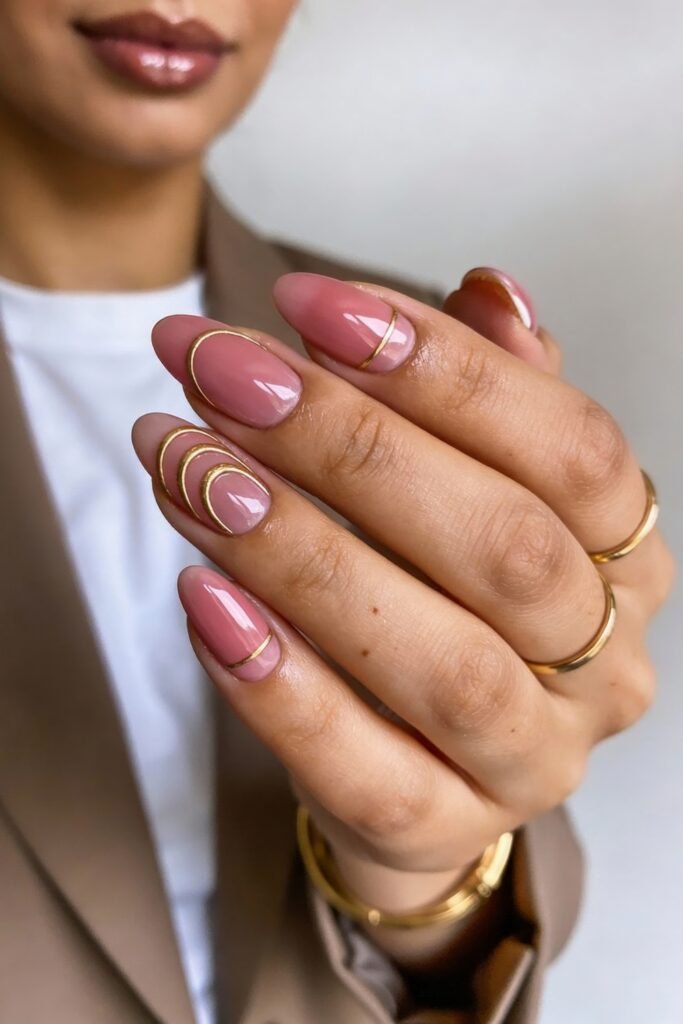 Glossy almond-shaped nails in a rosy pink shade, styled with minimalist curved gold lines for a chic and modern finish.