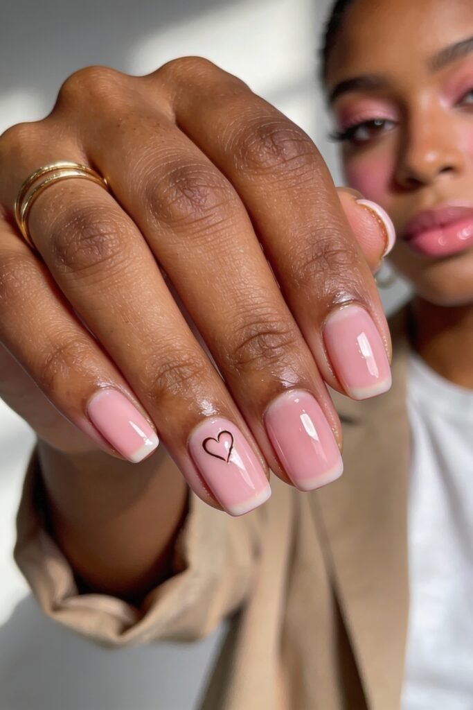 Pink Valentines Nails That Feel Chic, Glossy, and New 21 Short square pink valentines nails with a minimalist black heart outline on the ring finger and a soft glossy finish.