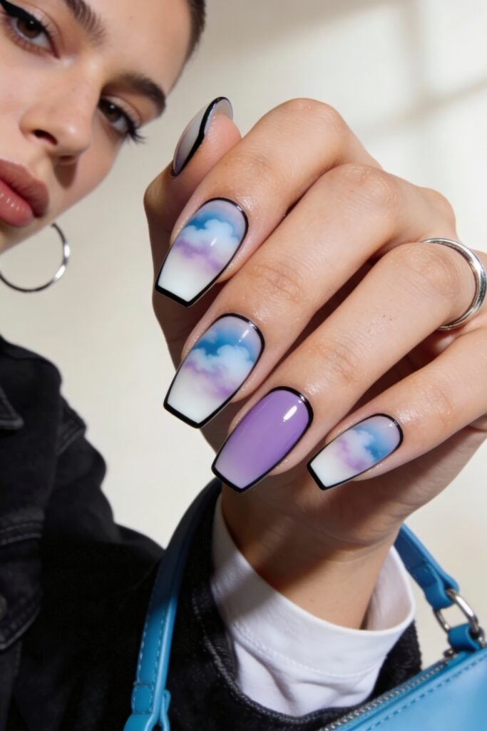 Square-shaped nails featuring dreamy cloud art in blue and purple with sharp black outlines and a bold lavender accent nail, creating a striking Nail Art Idea.