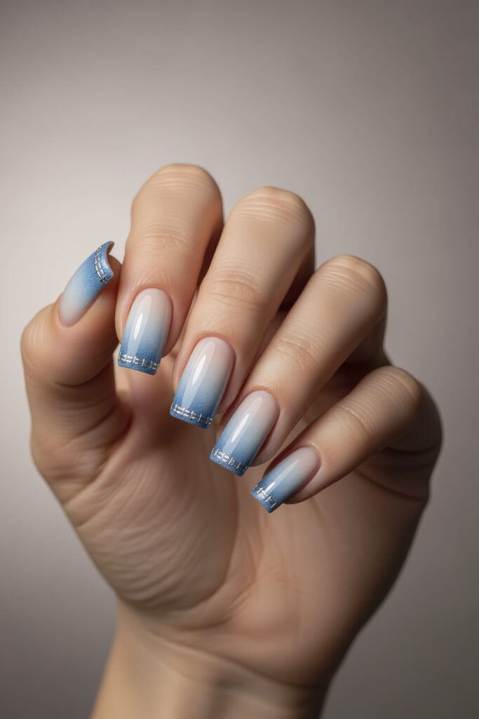 Square acrylic nails with a soft blue ombré and silver-stitched detailing at the tips, giving a clean, structured finish with subtle texture.