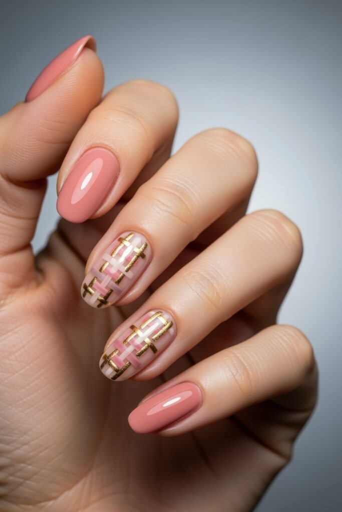Glossy pink nails with two clear accent nails showcasing a pink and gold foil woven pattern, resembling an elegant take on Easter basket textures.