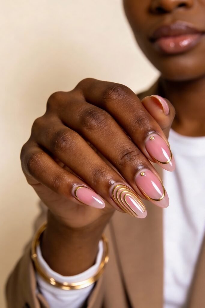 Pink and gold nails in a soft almond shape with gold foil arcs, circular studs, and sleek lines for a balanced geometric look.