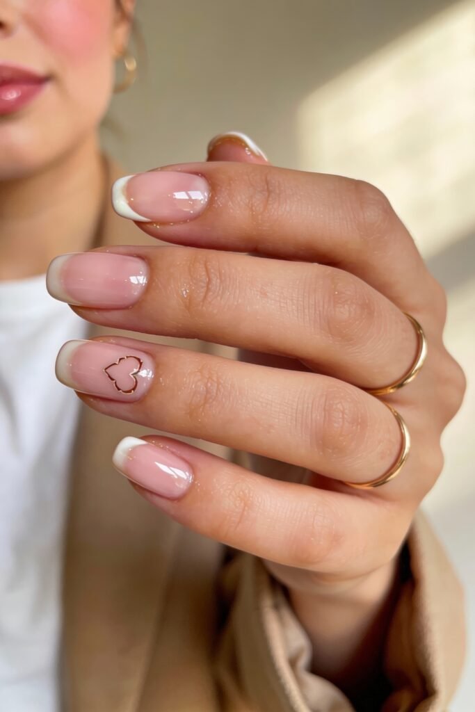 Pink Valentines Nails That Feel Chic, Glossy, and New 22 Classic French manicure with white tips on a sheer pink base, featuring a delicate hollow heart outline on the ring finger.