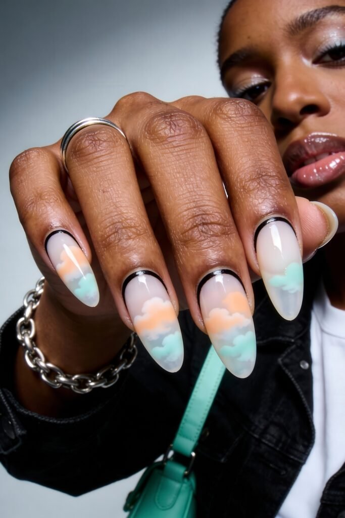 Almond nails with a soft cloudy sky design in pastel orange and mint green over a sheer base, edged with sleek black outlines for a fresh street style nails vibe.