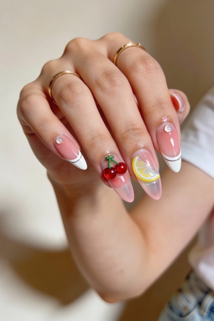 3d Nail Art Ideas That Look Luxe and Wearable 21 Playful almond nails with a translucent pink base, white French tips, and 3d nail art of cherries and lemon slices paired with pearl accents for a fruity, summery vibe.