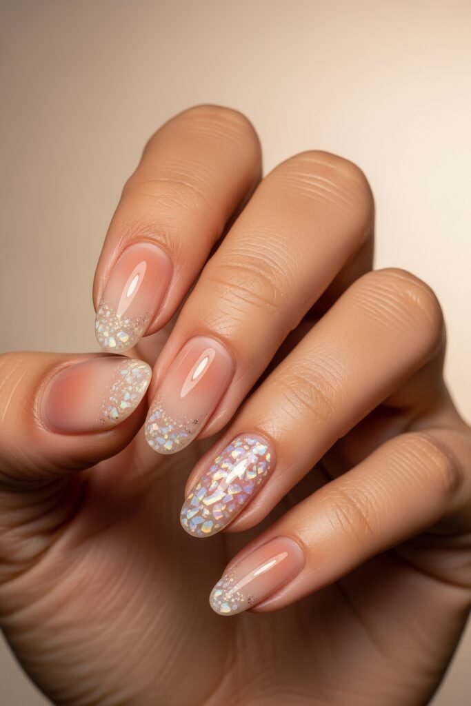 Fresh, Luxe Spring Nail Designs You’ll Want to Save 20 Glossy nude nails with shimmering iridescent glitter tips and a full confetti accent nail, offering a subtle yet festive spring nail design.