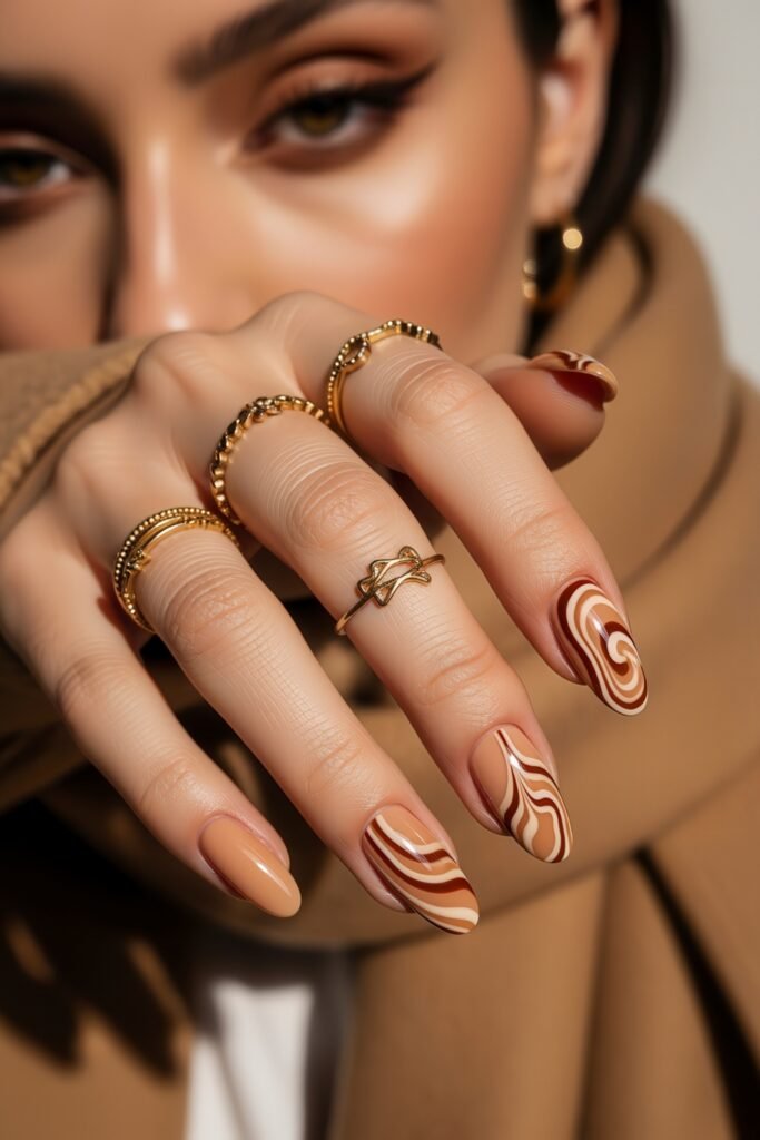 Almond nails in warm neutral tones, featuring a mix of solid caramel polish and bold brown-and-beige swirl patterns, perfect for cozy January nails.
