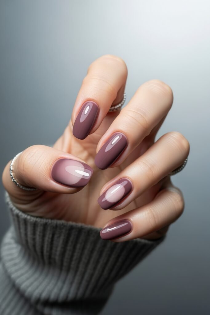 Short square nails painted in a glossy mauve shade, with two accent nails featuring a soft nude half-moon design, offering a minimalist yet cozy winter nails look.