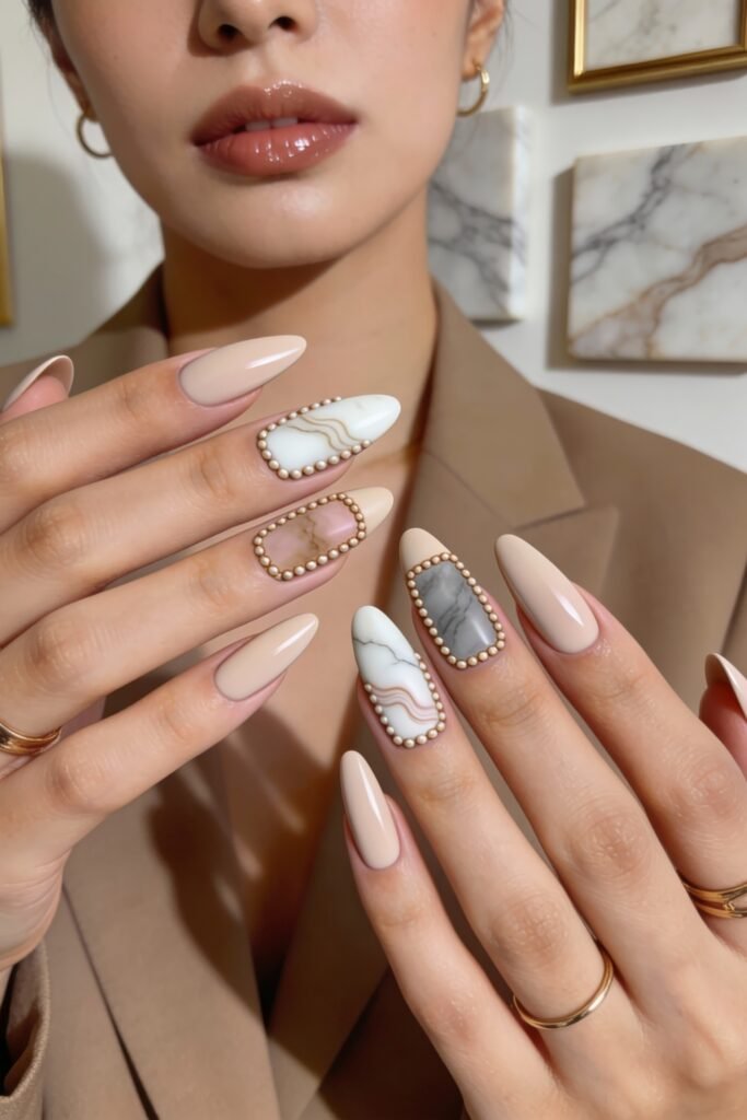 3d Nail Art Ideas That Look Luxe and Wearable 22 Nude almond nails with matte and marbled finishes, enhanced by 3d nail art that frames stone-like patterns with tiny gold pearls, creating a refined, sculptural effect.