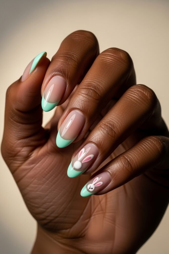 Almond-shaped French tip nails with a mint green edge on a nude base, featuring bunny ear and tail accents for a cute and playful Easter nails look.