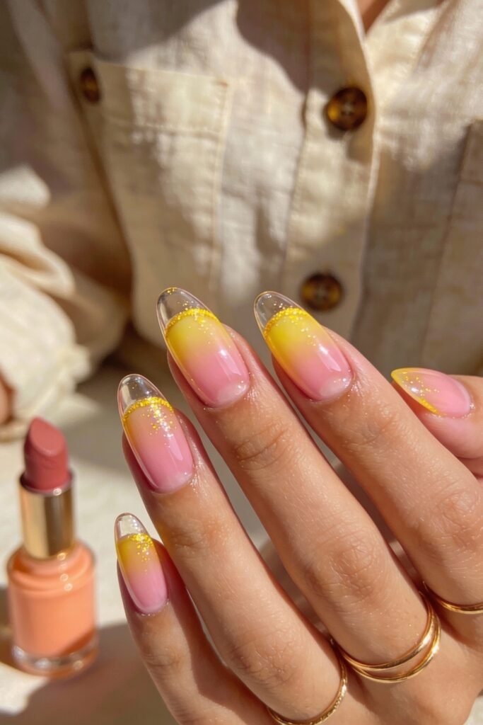 Pink and Yellow Nails That Feel Bright and Wearable 21 Glossy almond nails with a pink-to-yellow ombré design, topped with a touch of fine yellow glitter near the tips. The clear tips add a subtle, transparent edge. The person holds a peach-toned lipstick and wears gold rings with a beige textured blouse.