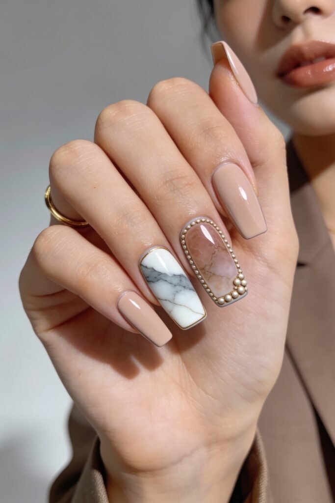 3d Nail Art Ideas That Look Luxe and Wearable 23 Square nude nails with minimalist marble accents and a central nail adorned with pink stone-like texture framed in gold pearls, blending elegance with 3d detail.