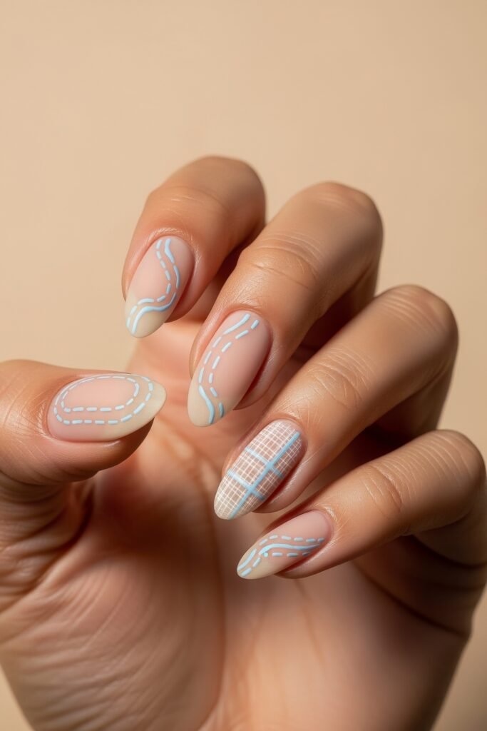 Fresh, Luxe Spring Nail Designs You’ll Want to Save 22 Matte nude nails with soft pastel beige tips, detailed with stitched blue lines and a grid accent, resembling delicate spring embroidery patterns.