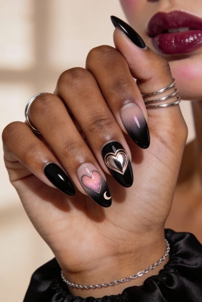 Black Valentines Day Nails That Feel Chic And Romantic 25 Black valentines day nails with a pink-to-black ombré effect and a mix of glittery pink and glossy black hearts, finished with a small gold moon detail for a mystical touch.