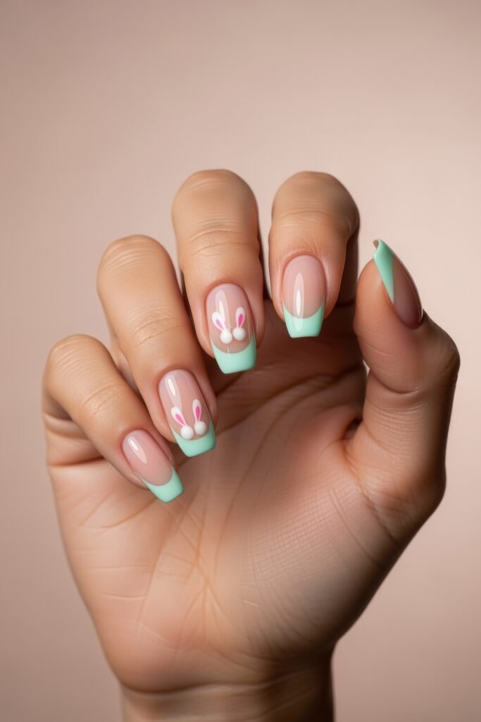 Square mint green French tip nails on a nude base, decorated with minimalist bunny ears and pom-pom tails, creating a fresh and festive Easter nail design.