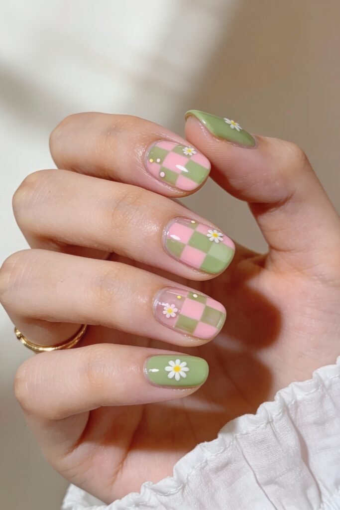 Short rounded nails with a pink and green checkerboard base, decorated with daisy flowers and minimal dotted accents for a cute and simple pink and green nails design.