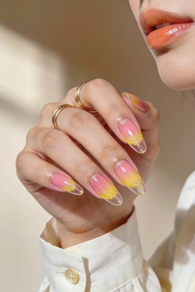 Pink and Yellow Nails That Feel Bright and Wearable 22 A hand with long almond nails in a pink-to-yellow gradient design, finished with yellow glitter at the tips. The semi-sheer tips give a light, airy feel. The person wears gold rings and a white shirt, with glossy peach lipstick visible in the frame.