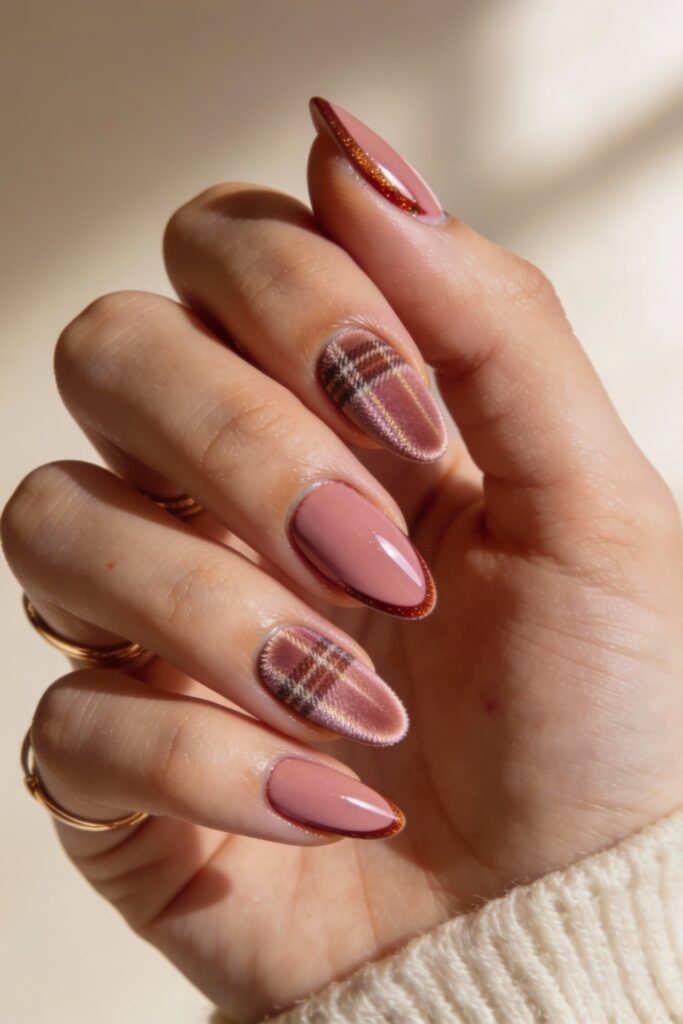 Pink Valentines Nails That Feel Chic, Glossy, and New 24 Soft rose-toned valentines nails with a velvet plaid pattern, paired with rich brown chrome tips and a glossy solid accent.