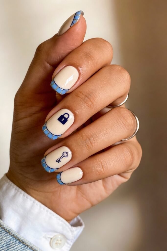 A soft cream manicure with tiled blue French tips, paired with bold navy lock and key symbols on accent nails, combining clean design with romantic undertones for a subtle blue valentine nails style.