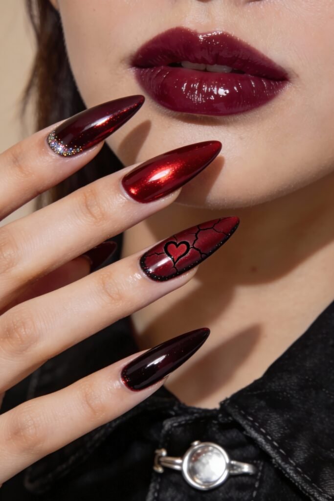 Gothic Valentines Nails That Feel Dark and Romantic 23 Glossy red and burgundy stiletto gothic valentines nails with a shattered heart design, glittered cuticles, and high-shine chrome accents.