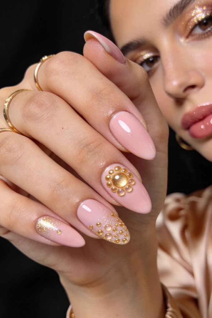 Almond-shaped light pink nails with matte and glossy finishes, featuring gold beads in circular floral and scattered patterns.