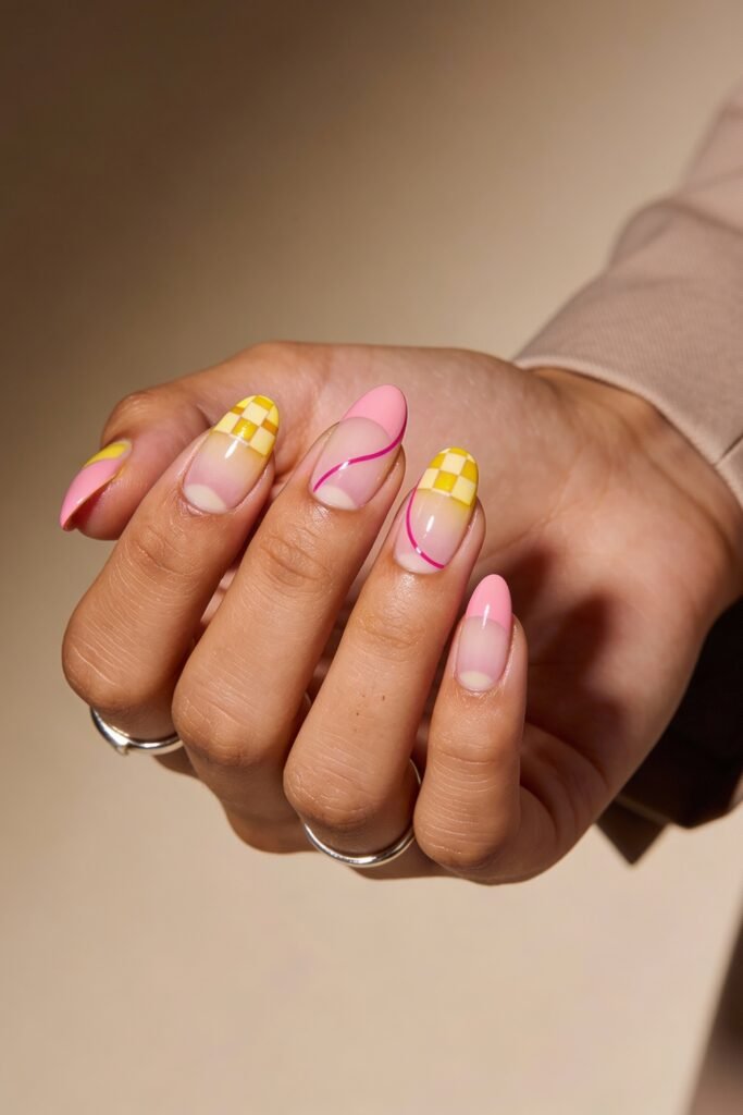 Pink and Yellow Nails That Feel Bright and Wearable 23 A creative mix of designs on almond-shaped nails, including pink and yellow checkerboard patterns, diagonal color blocks, and a single nail with a pink curved line. The base color is a translucent nude. The person wears silver rings and a neutral beige sleeve.