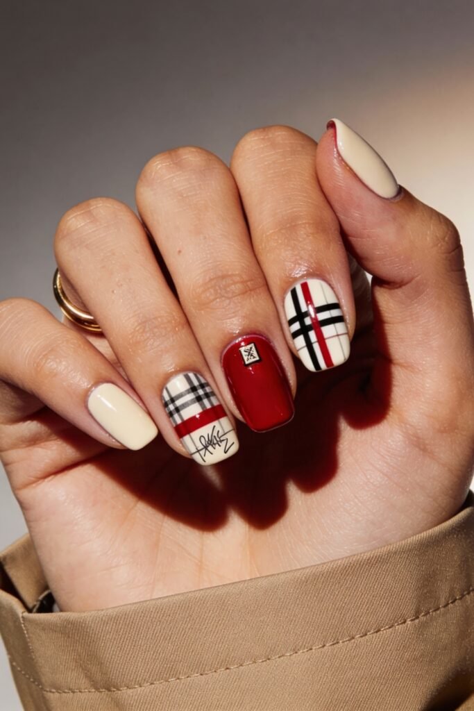 Short square nails with a plaid-inspired design in cream, red, and black tones, featuring a glossy accent nail with tiny metallic embellishment for stylish Nail Art Ideas.