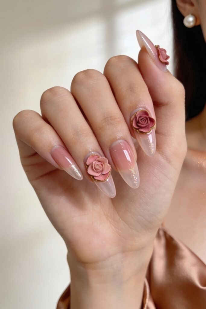 Pink Valentines Nails That Feel Chic, Glossy, and New 26 Romantic pink valentines nails with a soft glitter ombré base, adorned with 3D rose embellishments framed in gold.