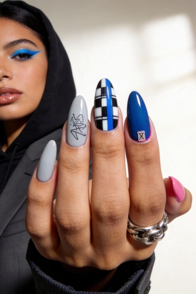 Long oval nails with a bold mix of matte grey, royal blue, plaid pattern, and graffiti-like graphics, delivering edgy street style nails energy.