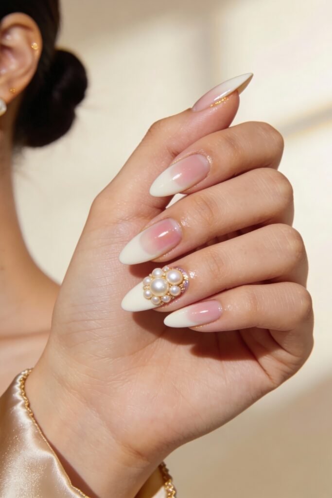 Swaggy Nails That Look Cool and Expensive 24 Cream-tipped almond nails with a pink base and a pearl-studded accent nail, combining soft sophistication with elevated glamour in a fresh Nail Art Idea.
