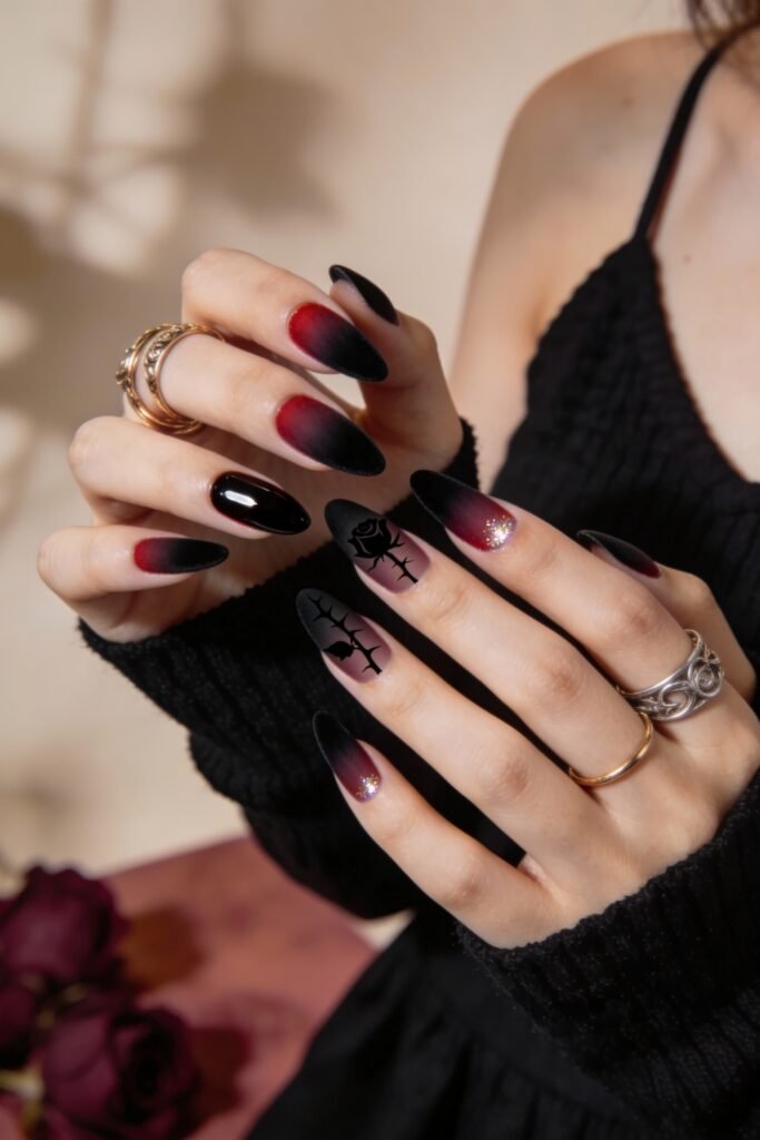 Gothic Valentines Nails That Feel Dark and Romantic 25 Almond-shaped gothic valentines nails with a red-to-black ombré base, matte and glossy finishes, and black rose silhouettes for a dark romantic vibe.