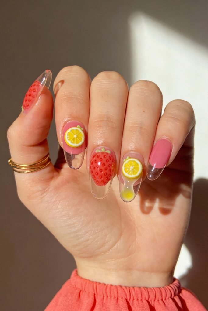 Pink and Yellow Nails That Feel Bright and Wearable 25 Glossy almond nails decorated with raised 3D designs of strawberries and lemon slices on clear and pink bases. One lemon nail includes a dripping juice effect. The hand is shown against bright lighting, wearing gold rings and a coral pink sleeve.
