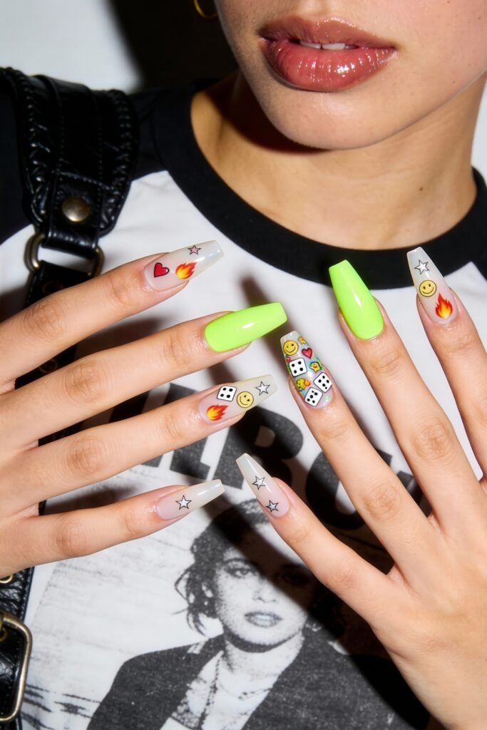 Swaggy Nails That Look Cool and Expensive 25 Long square nails in vivid neon green and clear base, decorated with smiley faces, flames, dice, stars, and hearts—loud, fun, and the definition of swaggy nails.