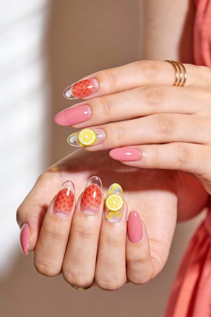 Pink and Yellow Nails That Feel Bright and Wearable 26 A set of almond-shaped nails featuring dimensional fruit art: strawberries with red seed texture and translucent lemon slices. The mix includes solid pink nails and clear tips. The design is playful and summery, paired with coral clothing and gold rings.