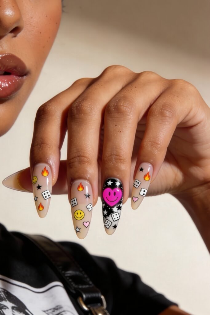 Swaggy Nails That Look Cool and Expensive 27 Long almond nails with a translucent base, decorated with vibrant flames, stars, dice, and smiley faces, plus a central black nail with a pink heart—perfectly playful Nail Art Ideas.