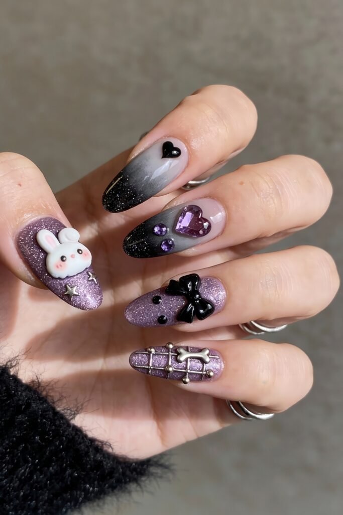 Gothic Valentines Nails That Feel Dark and Romantic 27 Almond-shaped gothic valentines nails blending black and lavender glitter, with 3D charms like a bunny, purple hearts, black bows, and crossbones for a playful gothic style.