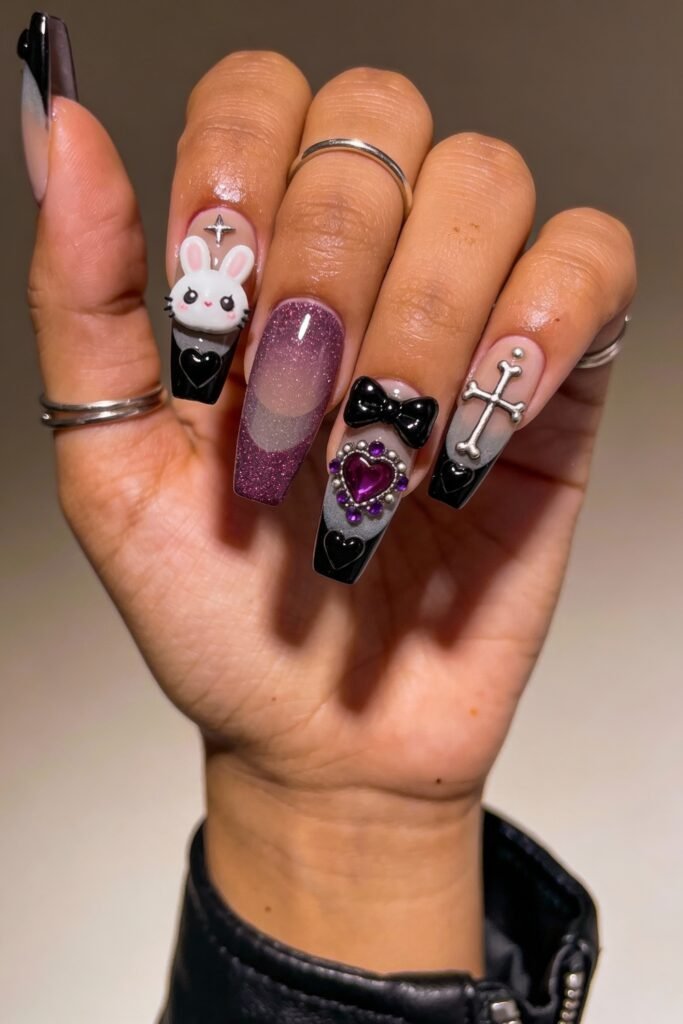 Gothic Valentines Nails That Feel Dark and Romantic 28 Square gothic valentines nails with a mix of pink shimmer and black tips, adorned with a cute bunny, heart jewels, crosses, and a dramatic black bow for a bold yet sweet aesthetic.