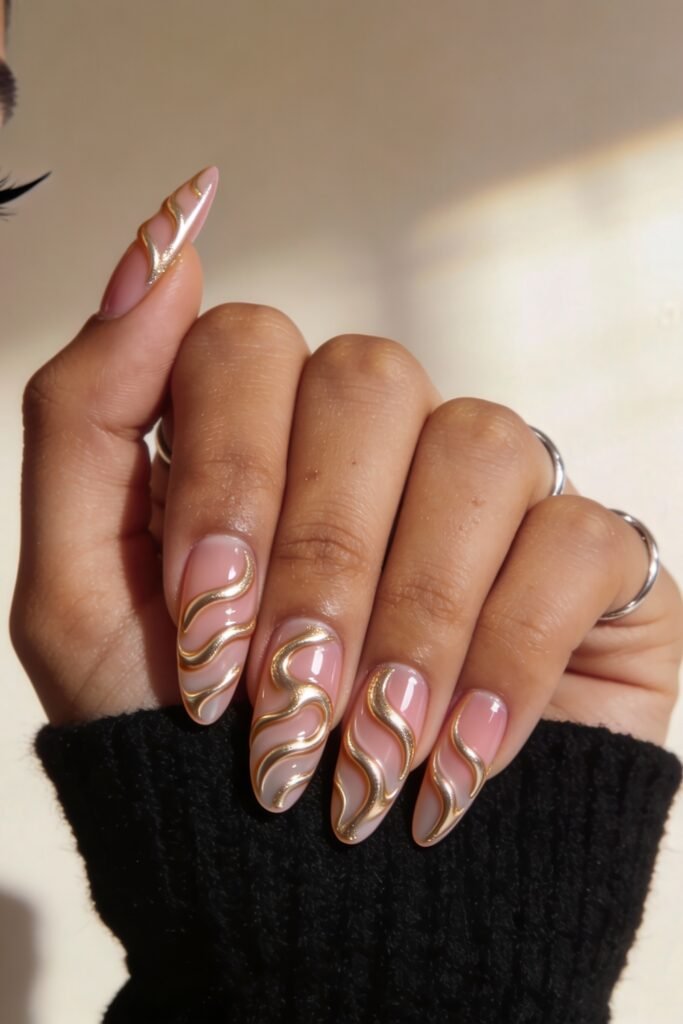 3d Nail Art Ideas That Look Luxe and Wearable 3 Hand with long almond-shaped nails painted in soft pink and nude tones, overlaid with flowing 3d gold lines creating a luxurious, wavy abstract pattern.