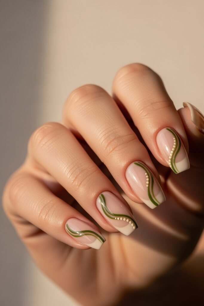 Fresh, Luxe Spring Nail Designs You’ll Want to Save 3 A minimalist spring nail design with wavy olive green lines and dotted accents over a nude base, offering an earthy and fresh seasonal vibe.