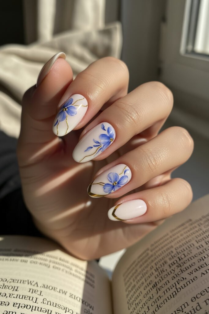 Oval-shaped white acrylic nails with hand-painted blue floral art and delicate gold outlines, giving a soft, romantic, and artistic touch.