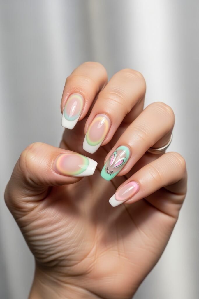 Hand with pastel gradient French tips on square nails, featuring a mint green accent nail with bunny ears and face for a playful Easter nails style.