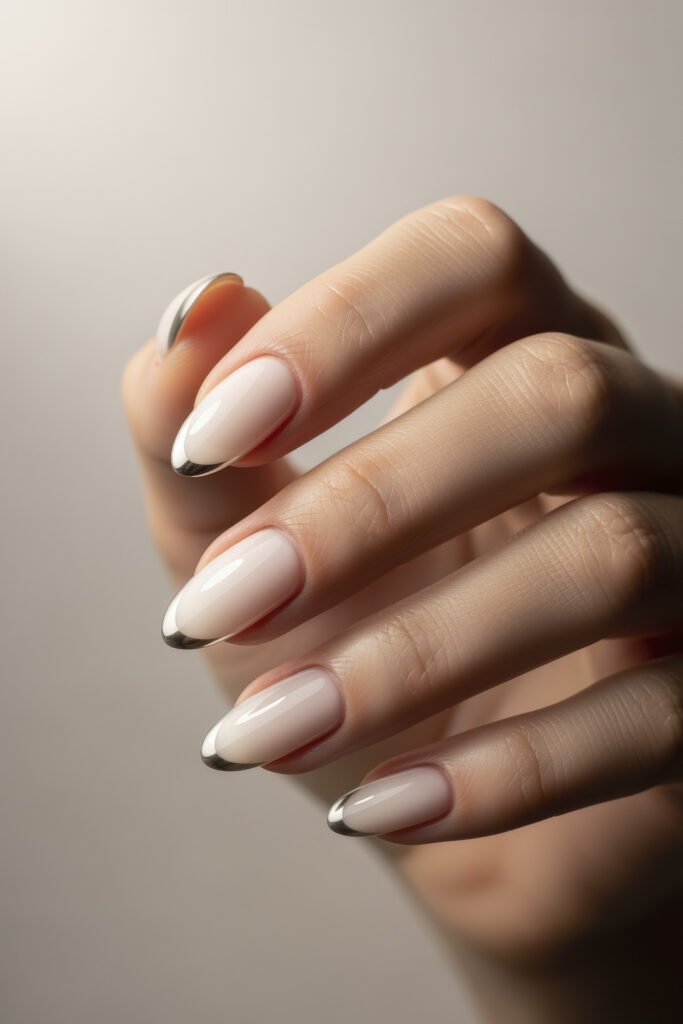 Milky White With Chrome Nails That Look Luxe 3 Hand showing almond-shaped nails with a sheer nude base and sleek chrome silver French tips for a minimalist metallic touch.