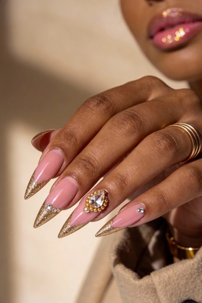 Bold stiletto-shaped pink and gold nails with glittering gold tips and rhinestone accents, including a statement gem centerpiece on the ring finger.