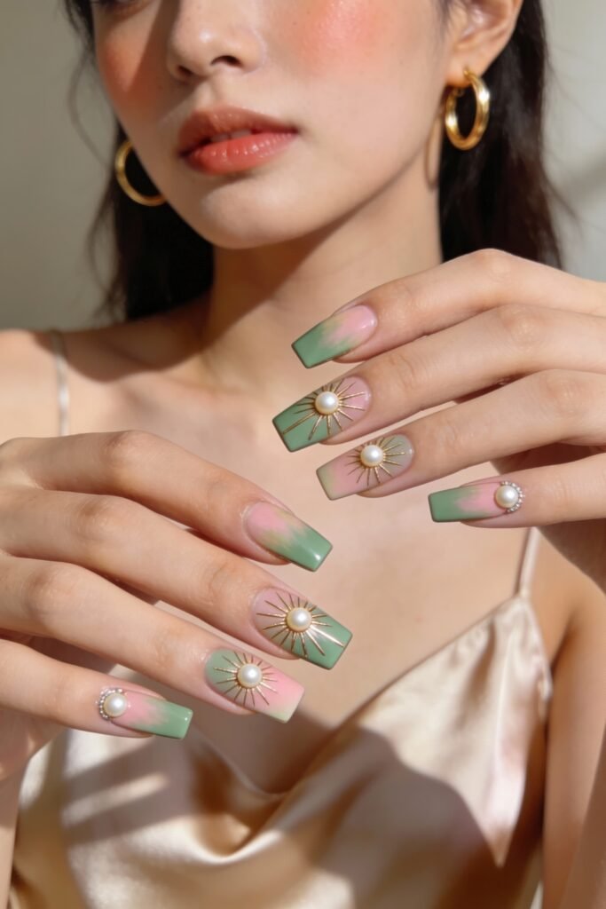 Square-shaped nails with a matte pink and green gradient, featuring pearl and gold sunburst embellishments for a modern and feminine pink and green nails look.