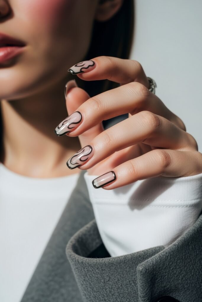 Swaggy Nails That Look Cool and Expensive 3 Square nails outlined in black with a soft pink fill, featuring flame-inspired black contour art for a sleek and modern look.