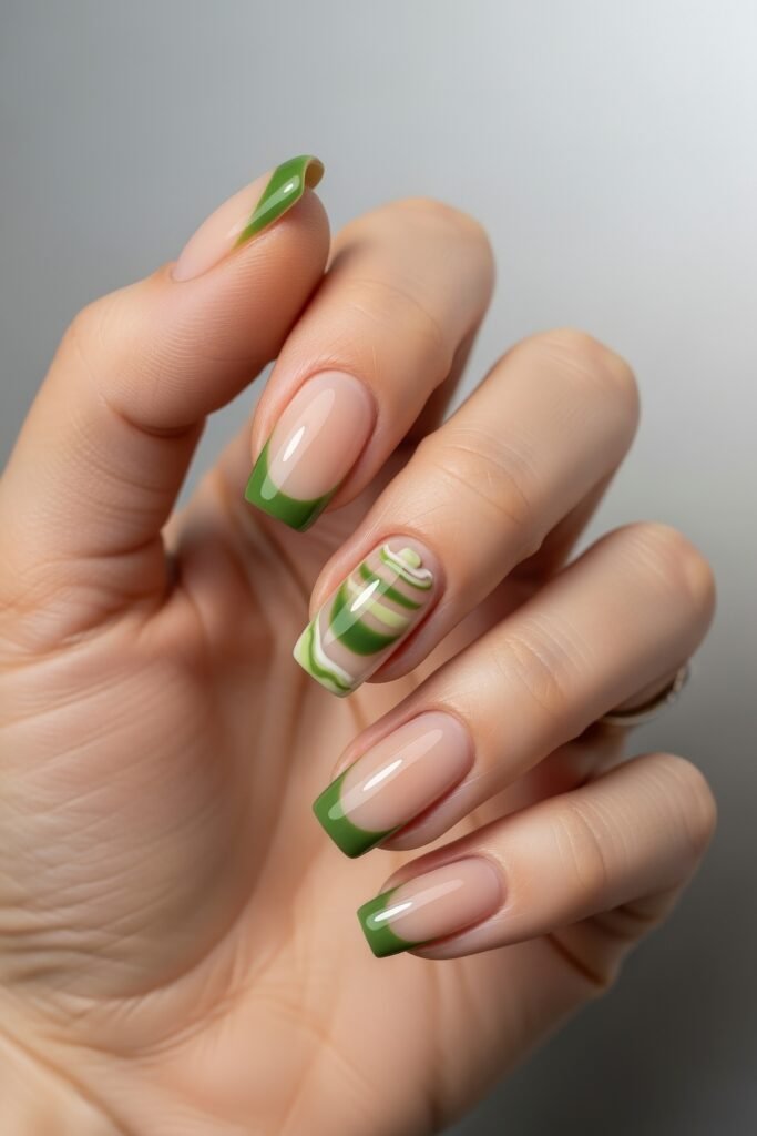 Fresh, Luxe Spring Nail Designs You’ll Want to Save 4 Almond-shaped nails with glossy green French tips and a marble-patterned accent nail in white and green, ideal for a fresh spring look.