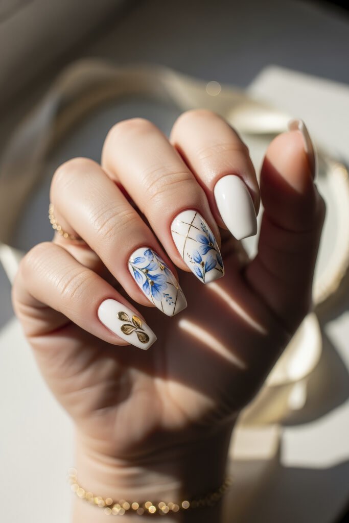 Square acrylic nails in a creamy white base with intricate blue flower designs, gold accents, and a leafy embellishment, combining elegance with a botanical flair.