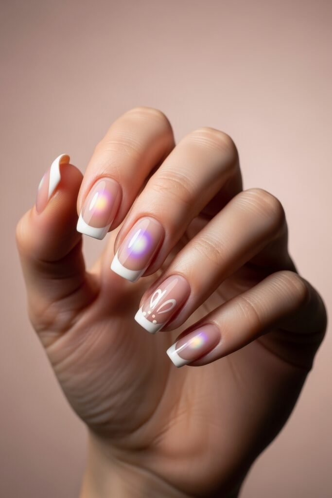 Soft pink square nails with a pearlescent sheen and white French tips, including an accent design with minimalist bunny ears, evoking subtle Easter nail designs.