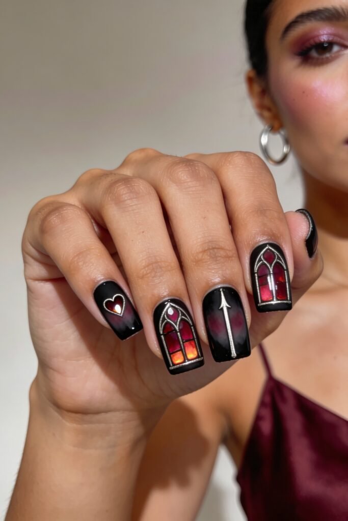 Gothic Valentines Nails That Feel Dark and Romantic 3 Square gothic valentines nails with a stained glass cathedral window motif in red and orange hues, featuring hearts and a white arrow on a black background.