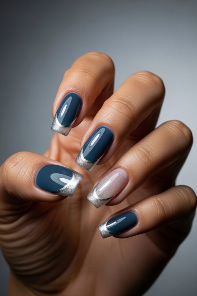Square nails in a deep slate blue polish with silver glitter French tips and one soft pink accent nail, blending elegance with bold January nails flair.